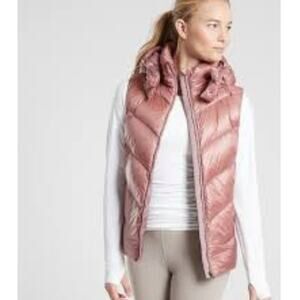 Athleta 800 Fill Down Puffer Vest Pink Women’s Small Removable Hood EUC